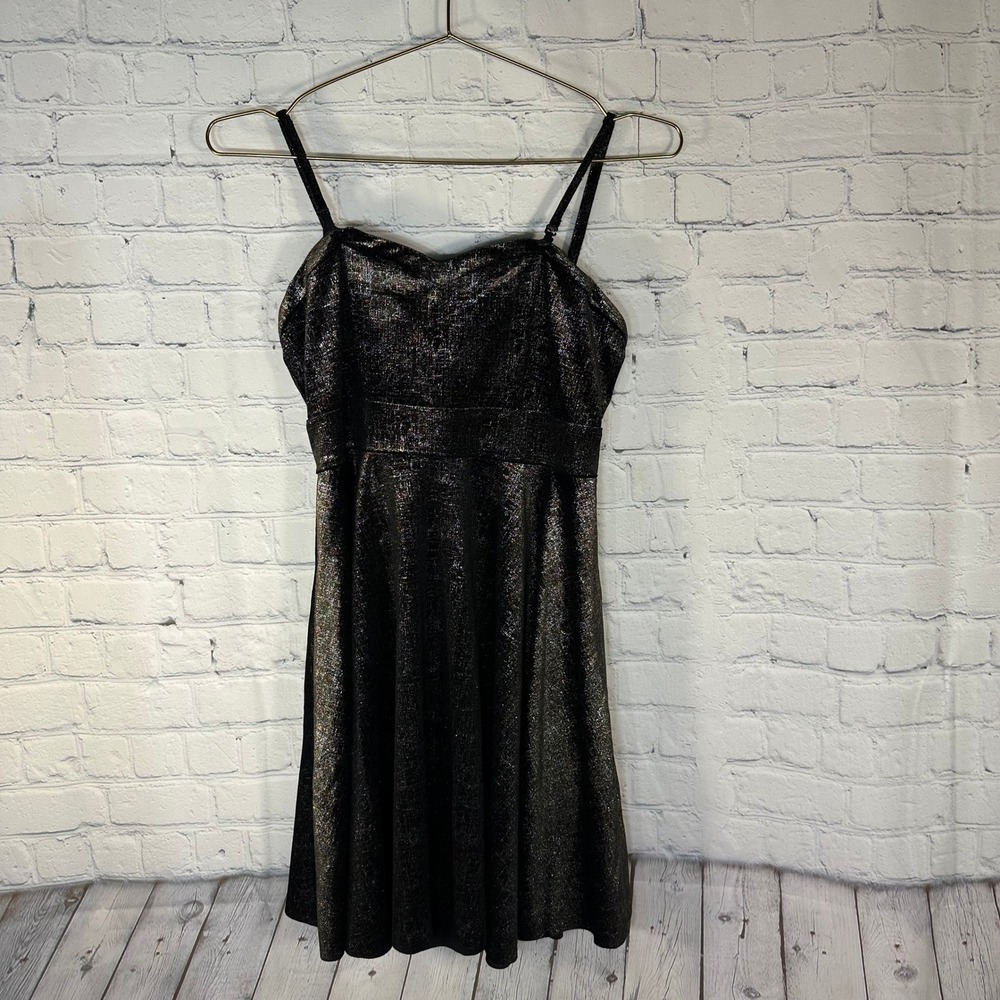 Free People Black Silver Metallic Shimmer Fit Flare Mini Dress Small Sweetheart